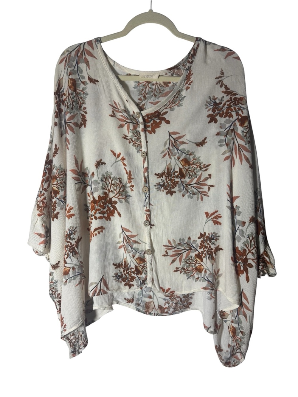 ODDY White Floral Button-Up Blouse with Rust and Gray Accents size S/M